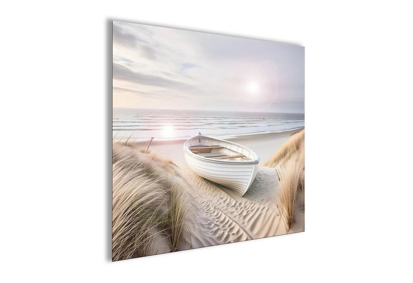 artissimo Glasbild Boot in den Dünen Beige 50x50 cm