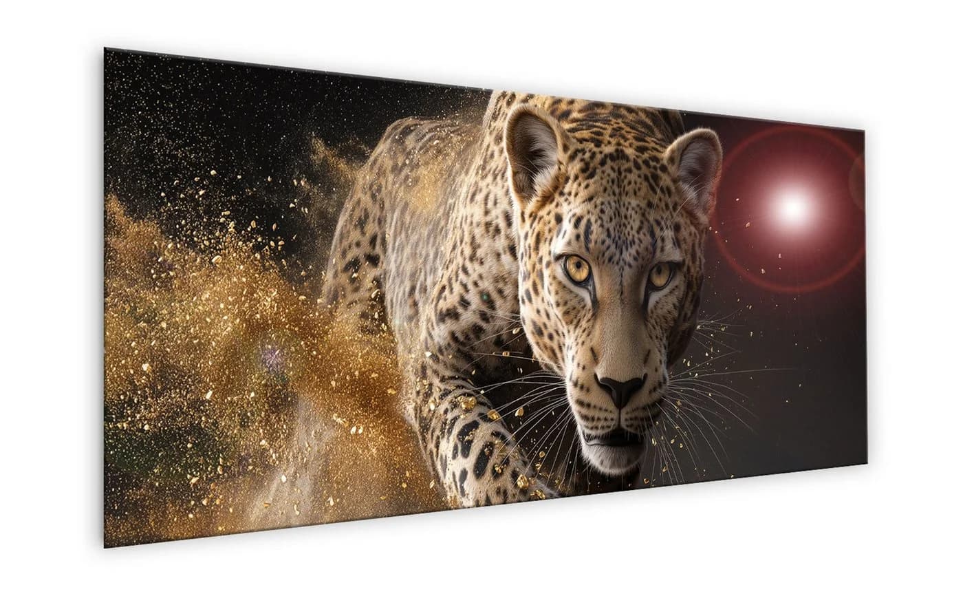 artissimo Glasbild Leopard Panorama 125x50 cm Schwarz Gold