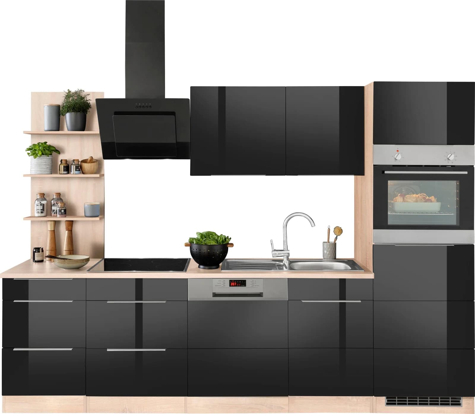 Küchenzeile KS-Brindisi 280cm Schwarz Hochglanz Komplettküche mit Induktion
