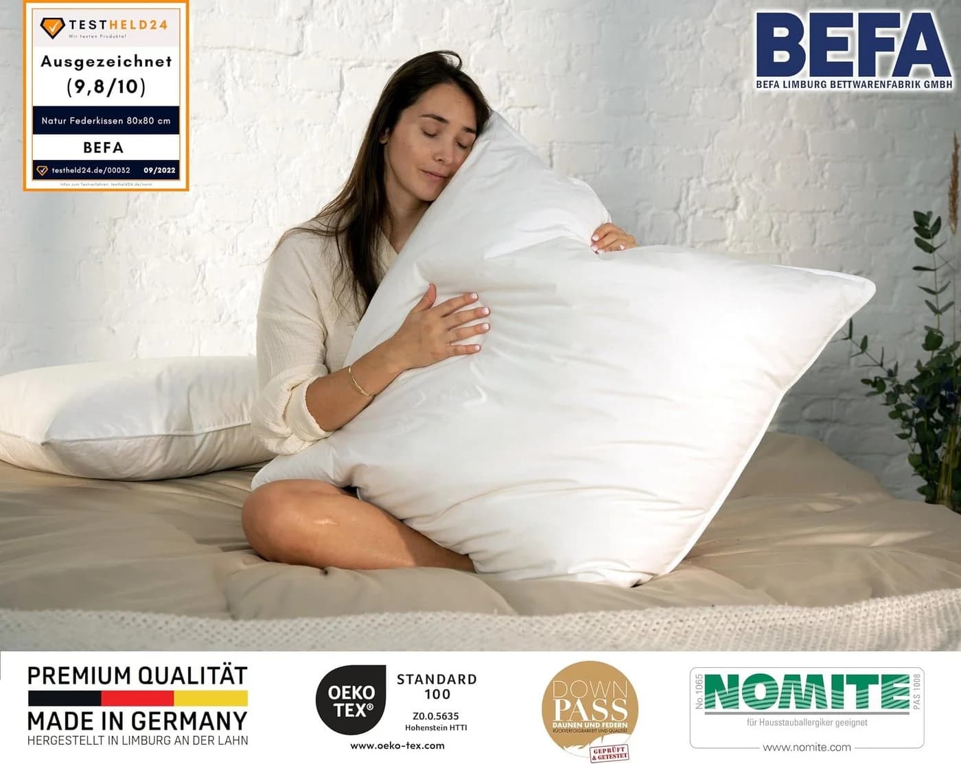 BEFA NATUR Federkopfkissen 80x80 Extra Fest 100% Entenfedern