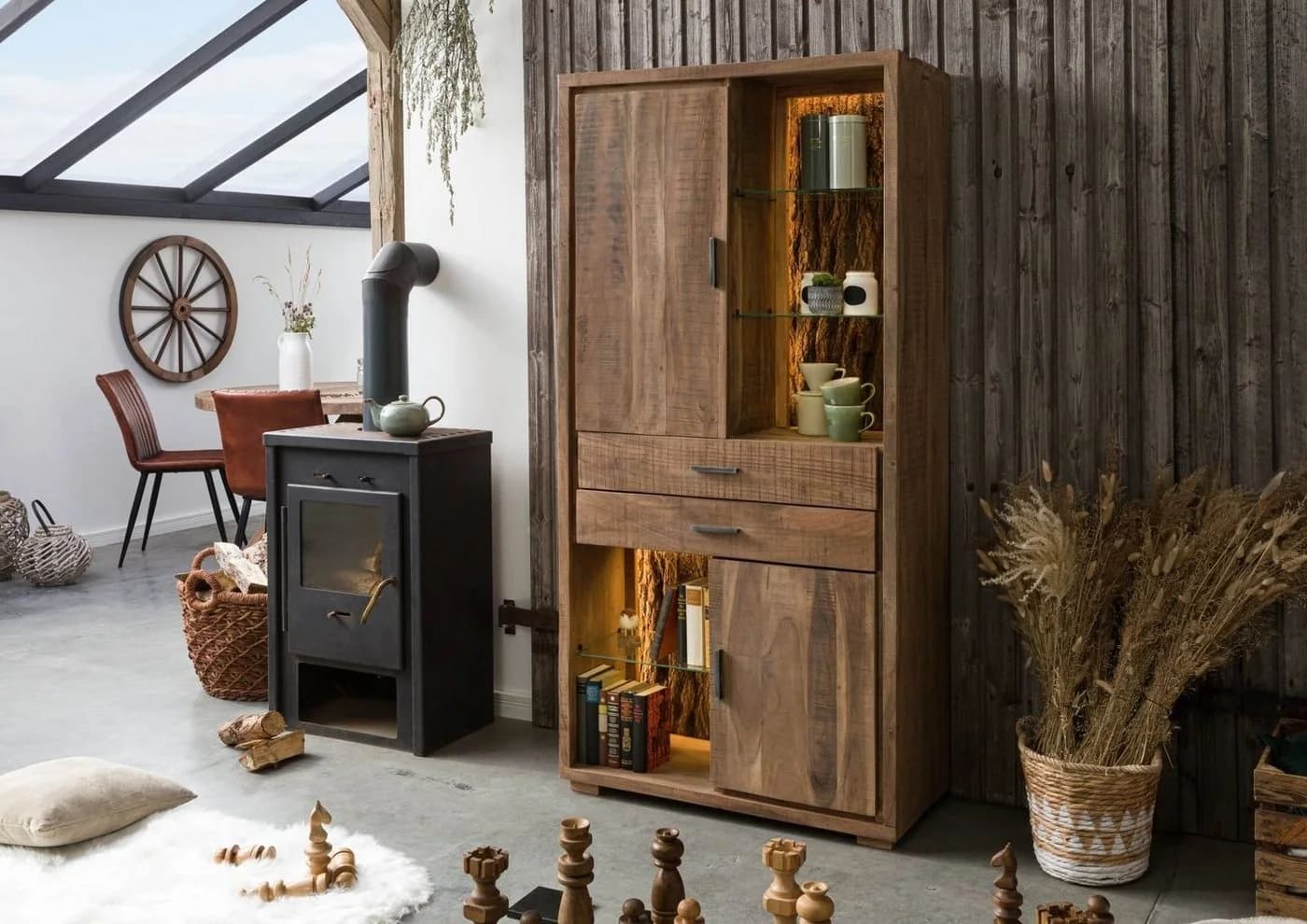 Massivmoebel24 Dreh-/Schwebetürenschrank BARK Massivholz Akazie Natur Lackiert