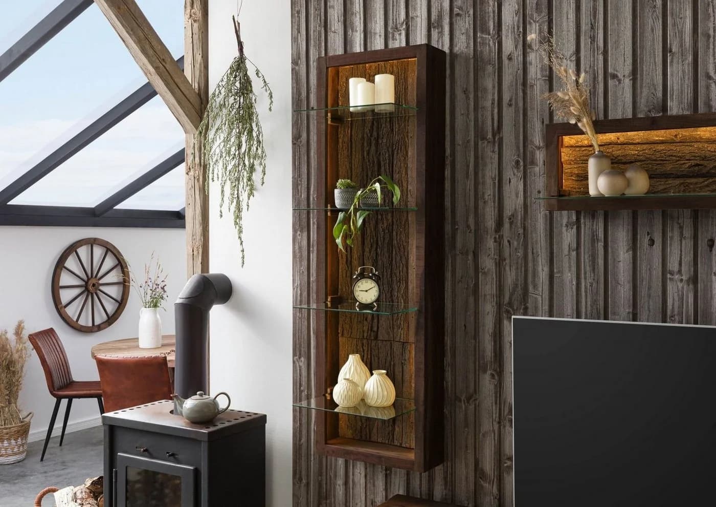 Massivmoebel24 Wandregal BARK Akazie Massivholz dunkelbraun mit LED