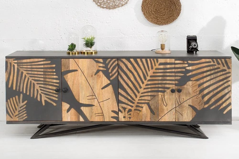 riess-ambiente Sideboard TROPICAL 160cm Natur Massivholz Florales Design Handarbeit