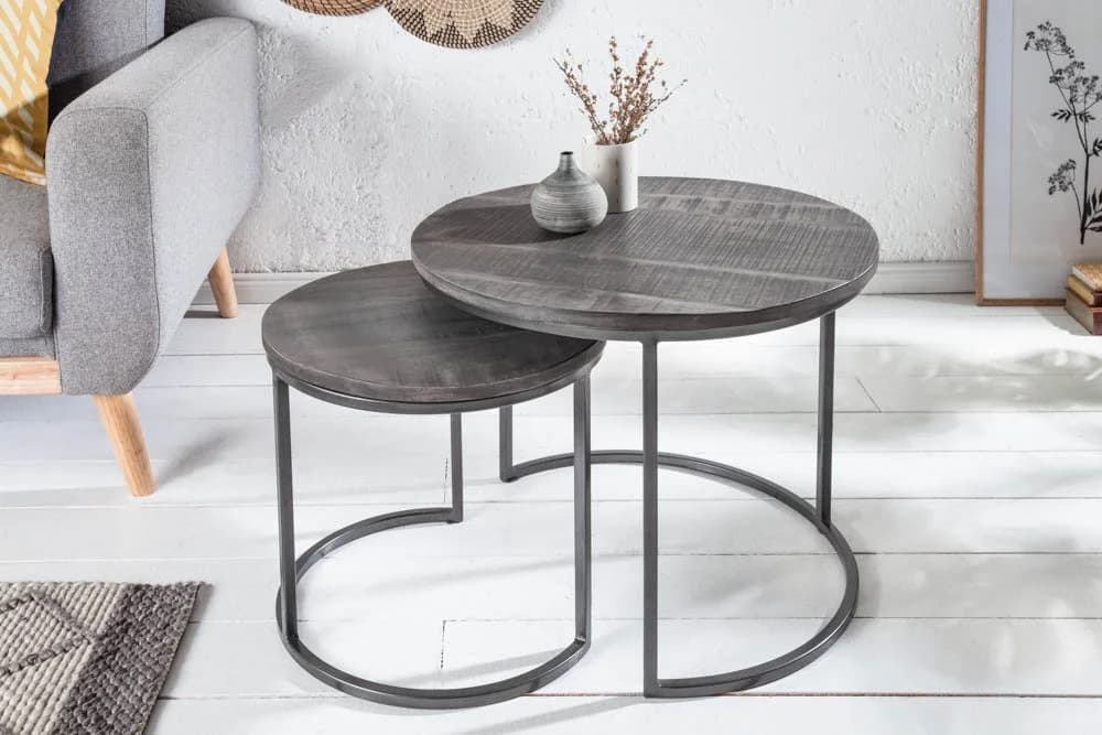 riess-ambiente Beistelltisch ELEMENTS Ø60cm grau / schwarz Mango-Massivholz Metall-Gestell rund Industrial Design