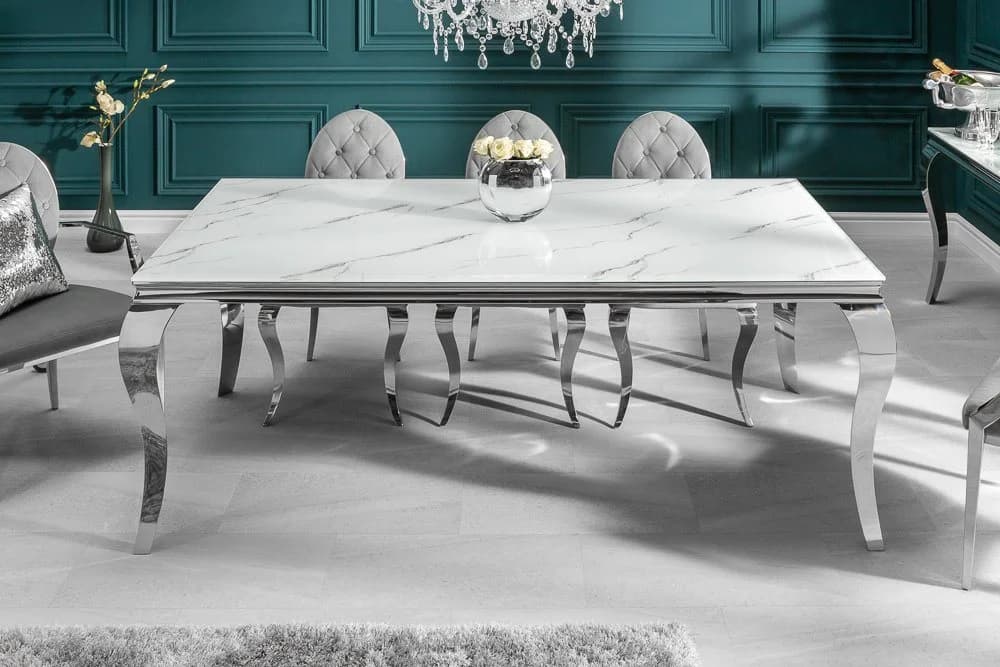 Riess Ambiente Esstisch Modern Barock Marmor-Design Glas Edelstahl