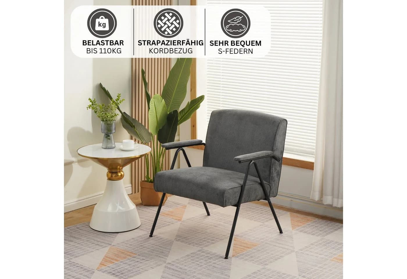 Albatros International Sessel Stanford Grau Vintage Design Stoff Cord