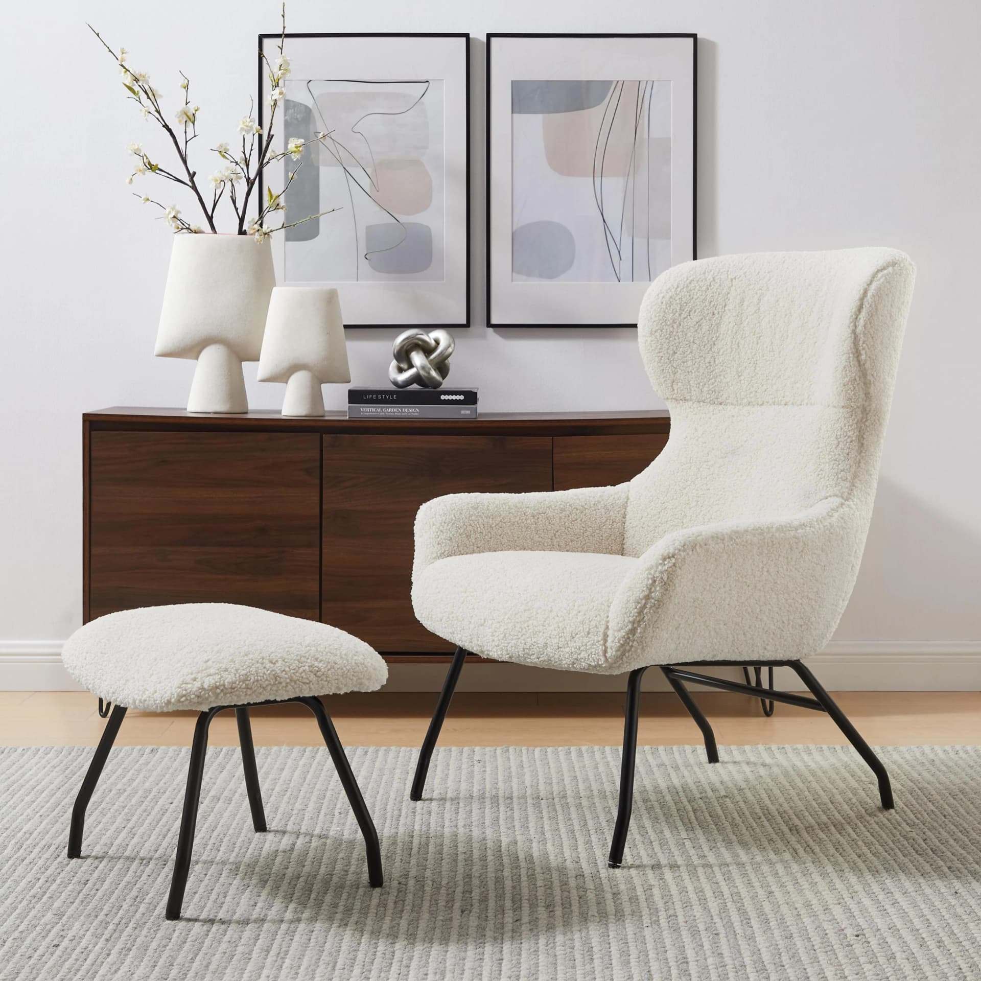 Salesfever Sessel Orlando mit Hocker Beige Teddyfelloptik