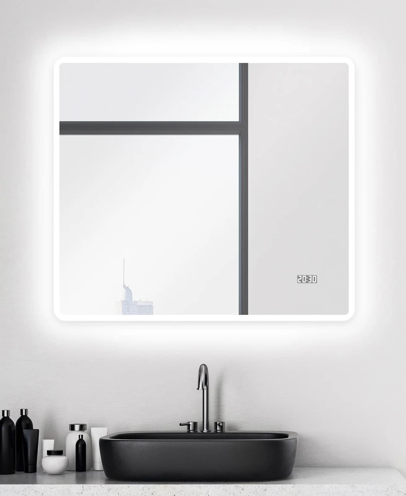 Talos Badspiegel Sun Silber mit LED-Beleuchtung und Digitaluhr