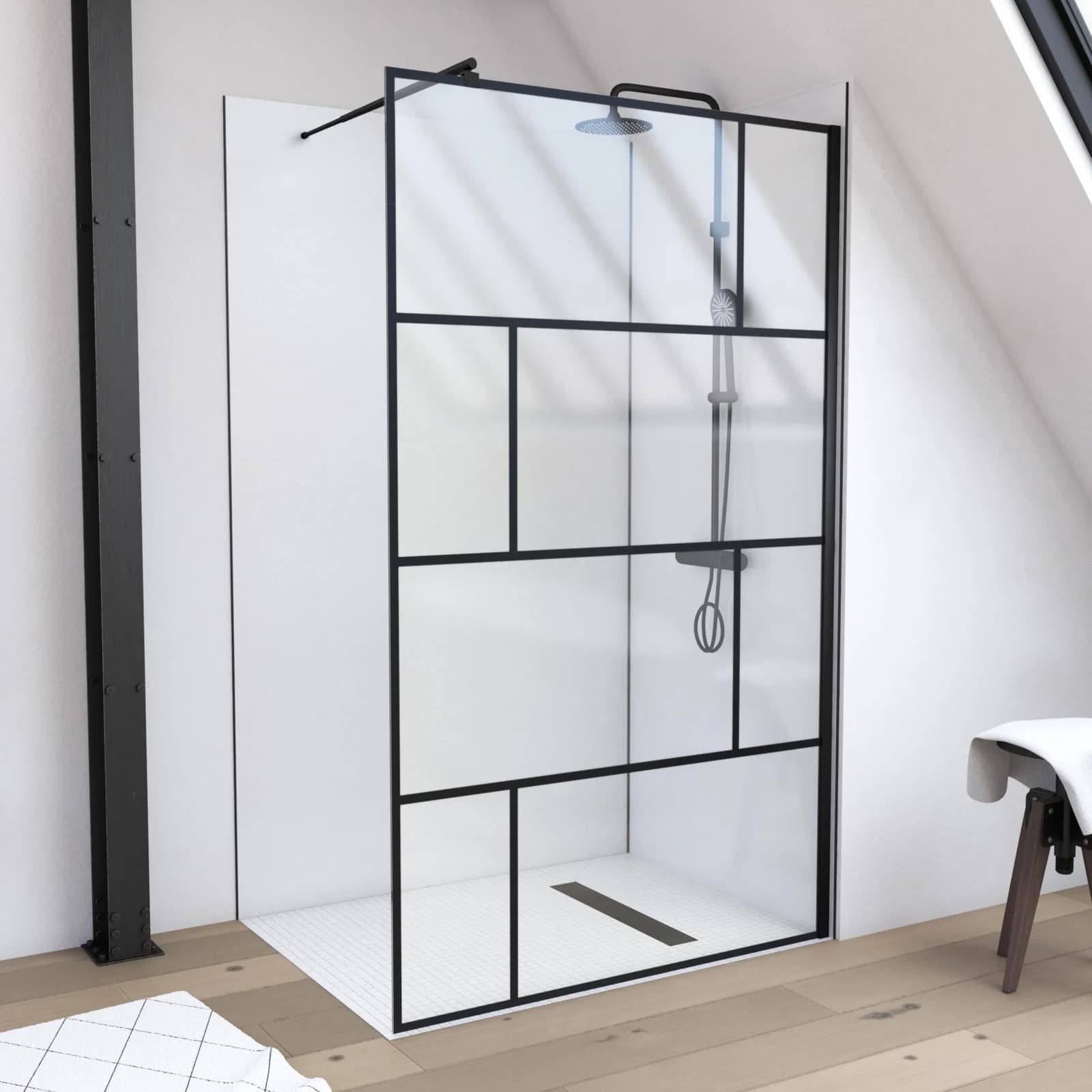 MARWELL Walk-in-Dusche Bricks Rahmenlos Schwarz Matt