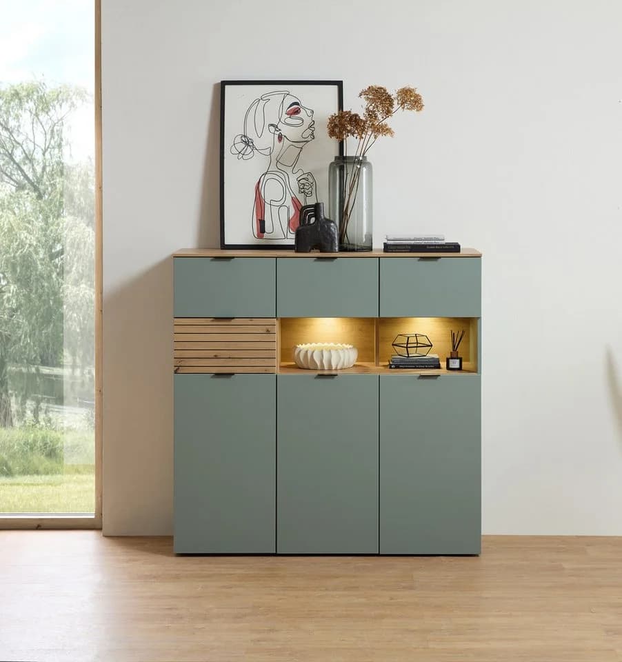 Innostyle INA Highboard Schilfgrün Artisan Eiche 3-Türig 4-Schubladen