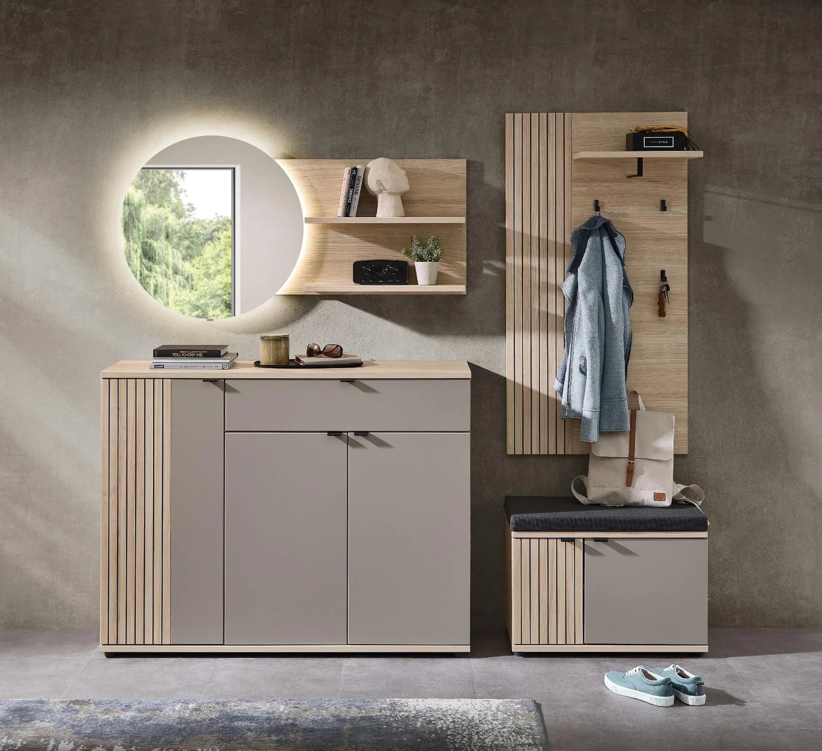 Harper Garderobenset ILMINSTER Schuhschrank Garderobenpaneel Spiegel Bank