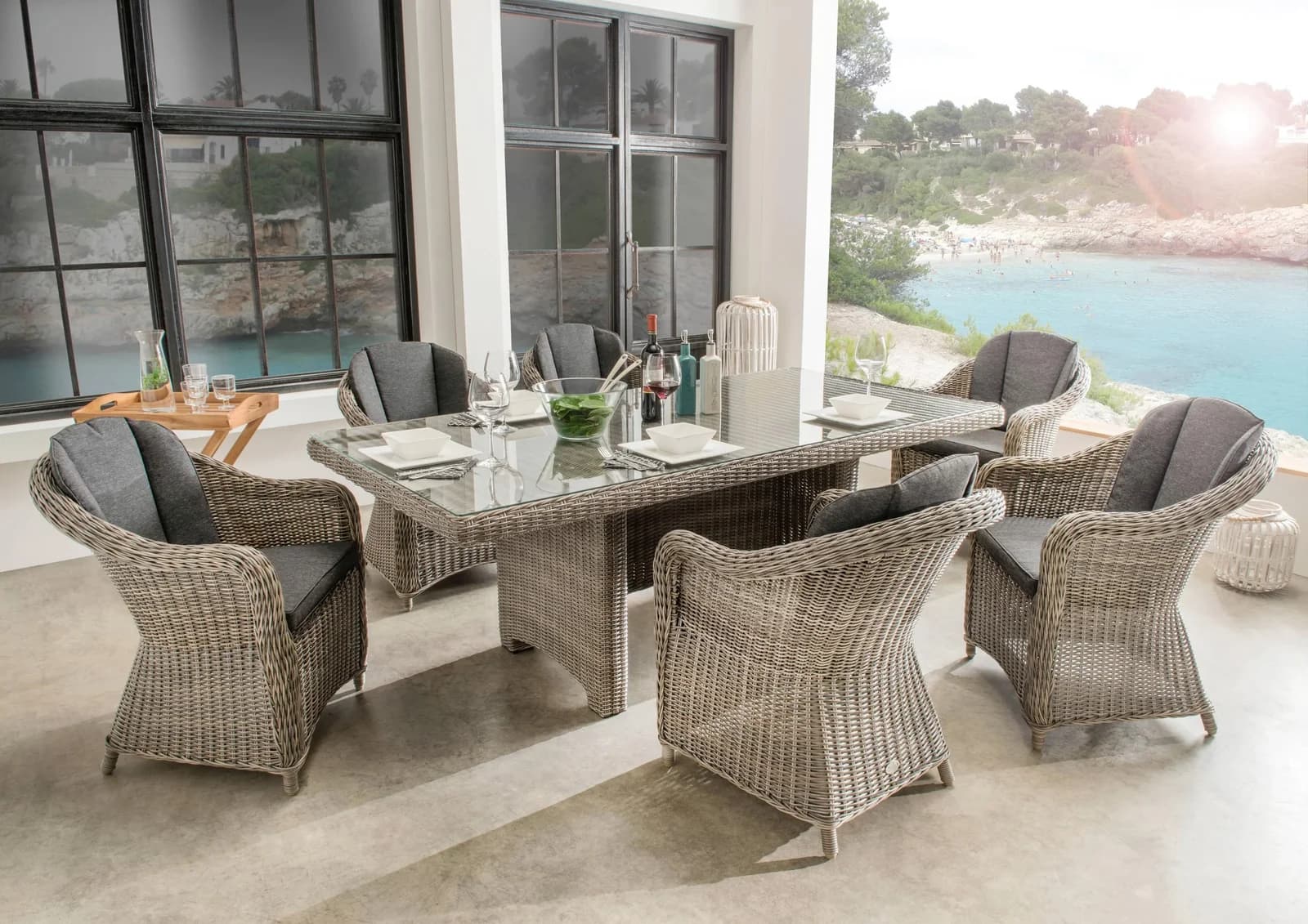 Garten-Essgruppe Destiny Malaga Luna 6 Sessel + Tisch Polyrattan