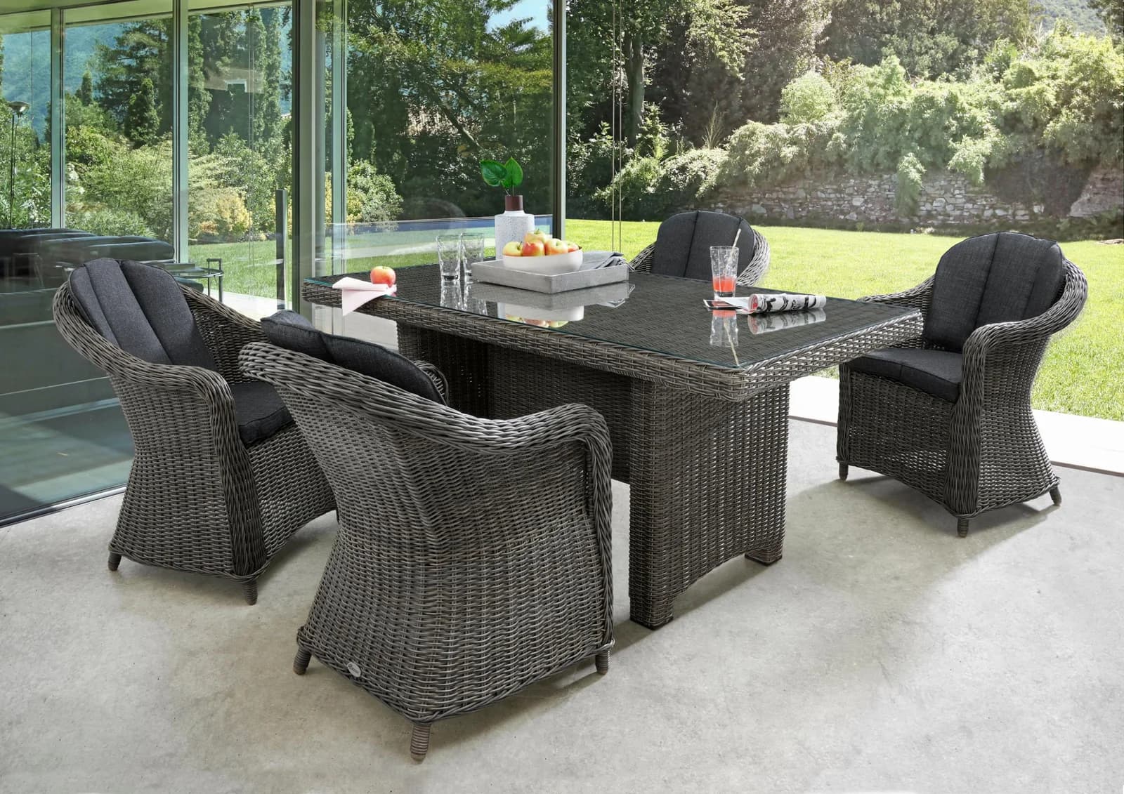 Destiny Garten-Essgruppe Malaga Luna Grau 4 Sessel Tisch 200x100cm