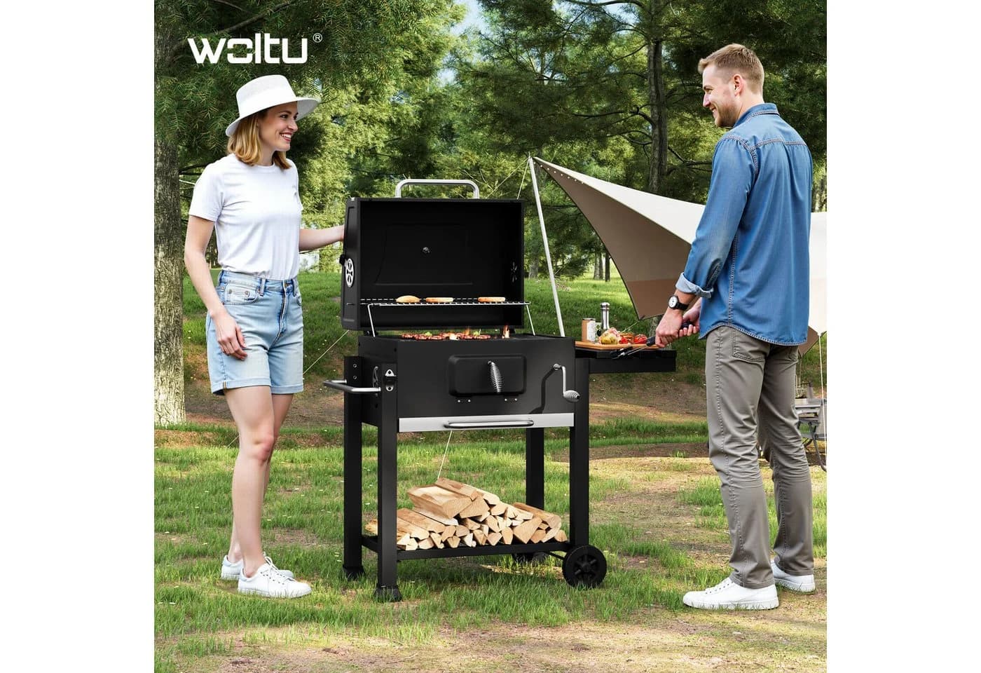 Woltu Holzkohlegrill Standgrill mit Rollen höhenverstellbar