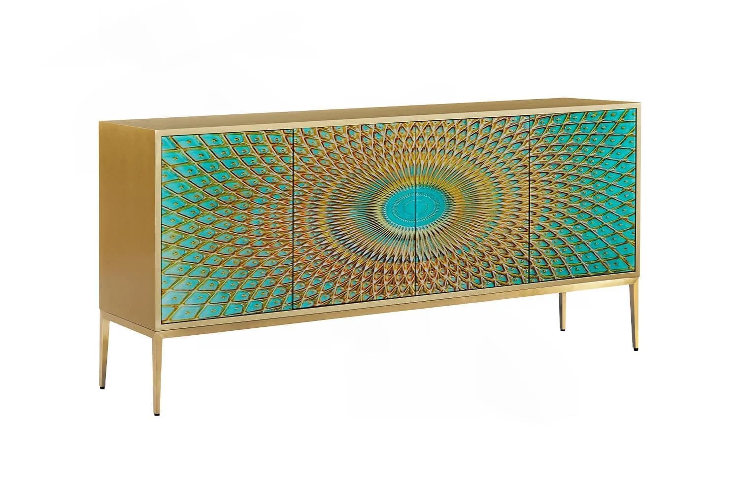 KAWOLA Sideboard 4 Türen Glas Grün/Gold