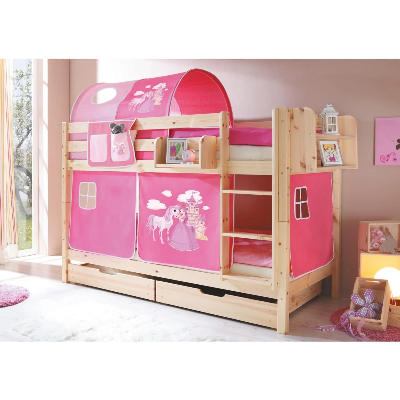 TiCAA Etagenbett Marcel Kiefer Natur mit Vorhang und Tunnel-Option