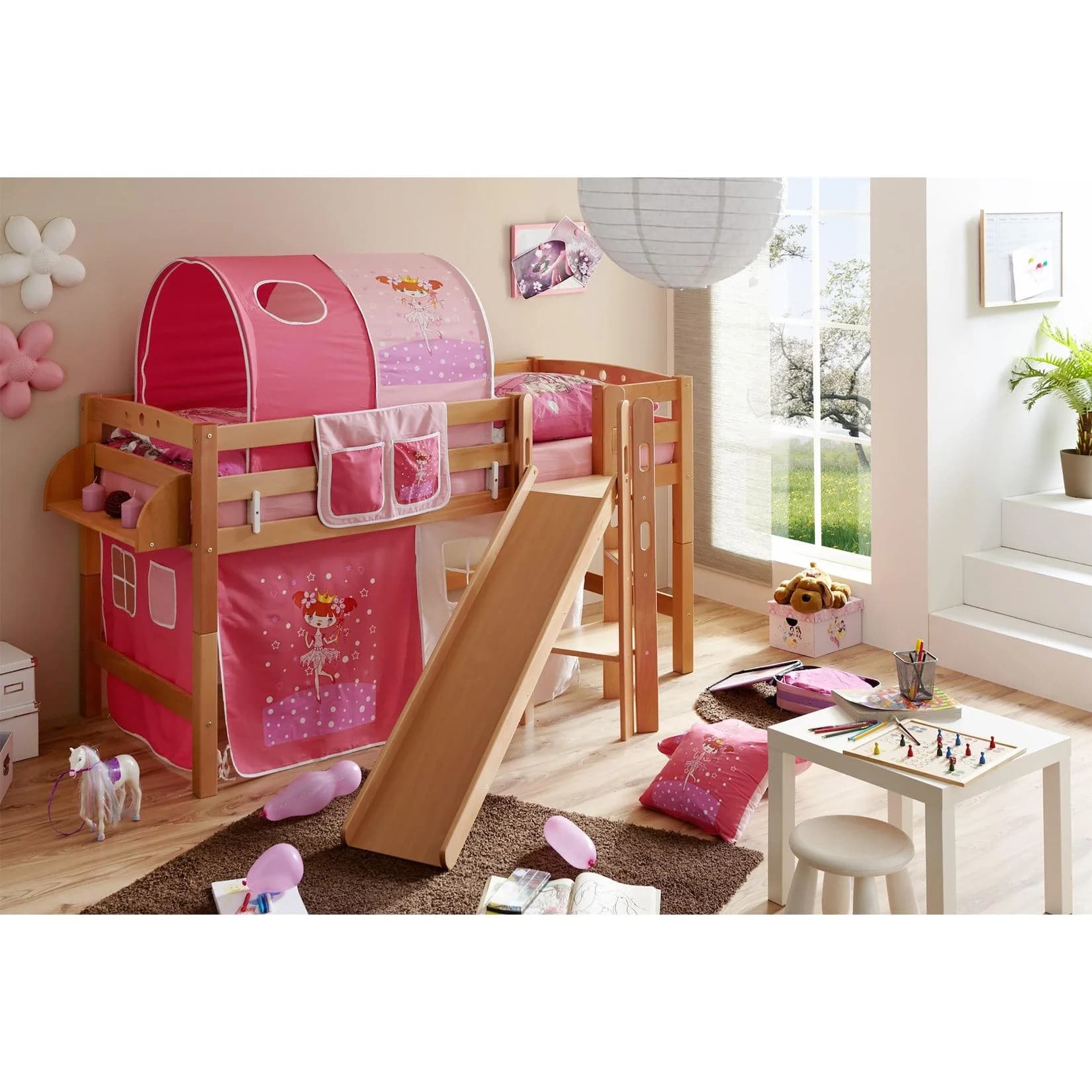 TiCAA Hochbett Tino Buche Natur mit Rutsche & Podest