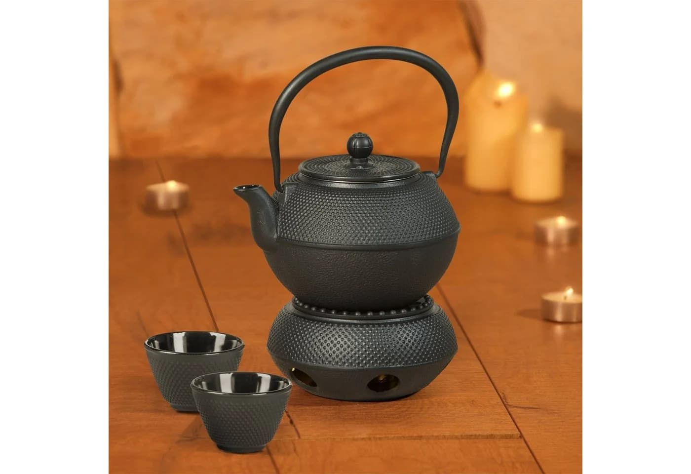 Dimono Teekanne Gusseisen 1300ml mit Teebecher & Wärmer Schwarz