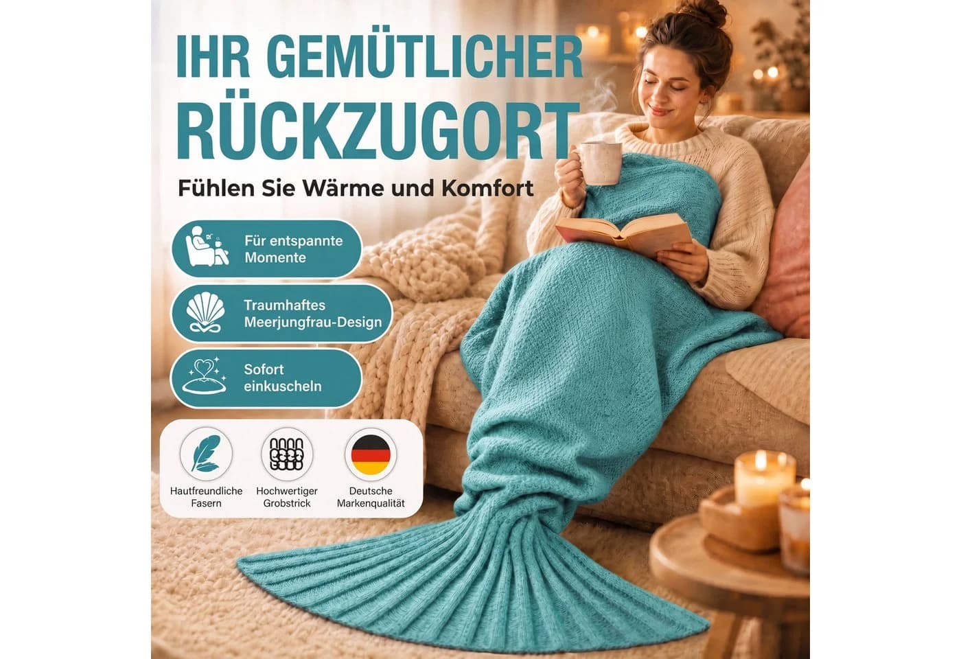 FELUNA Wohndecke Meerjungfrau Acryl Grün mit Schwanzflosse