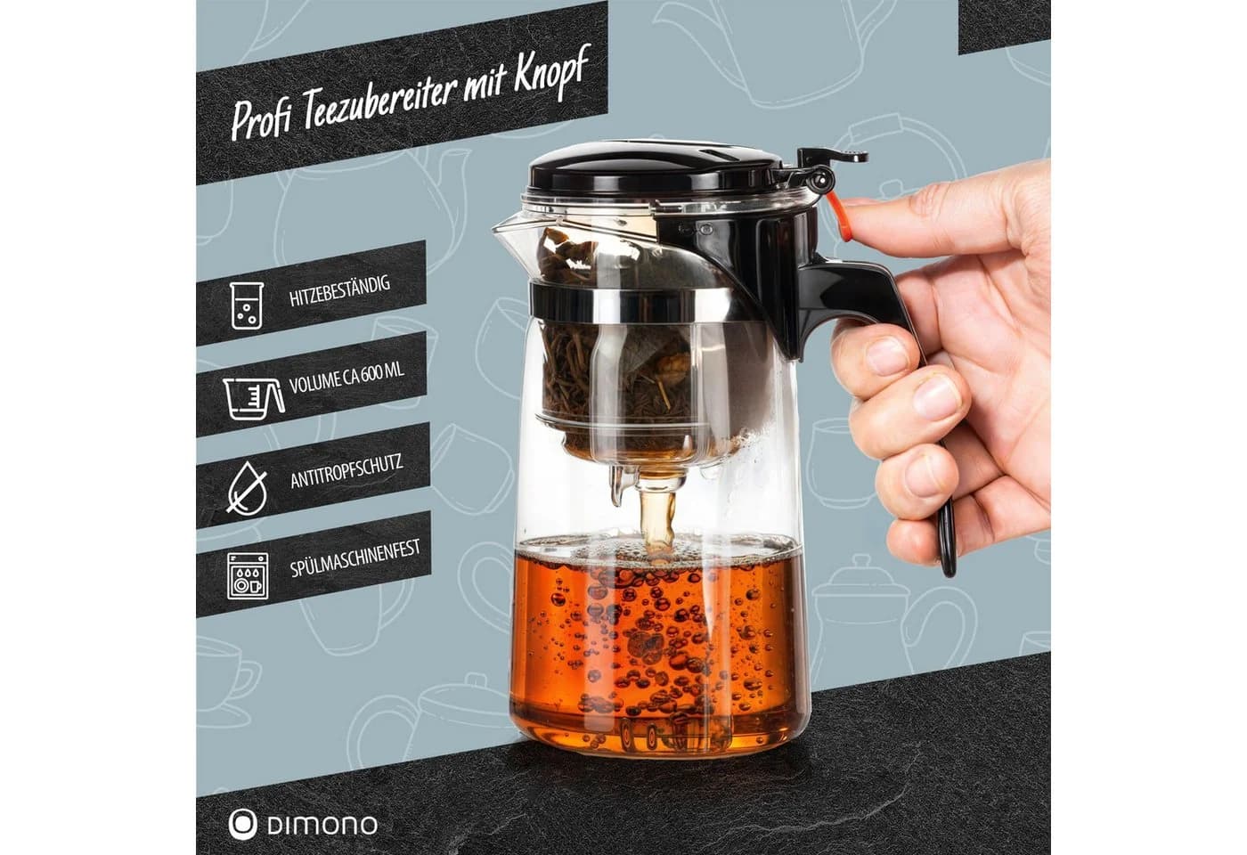 DIMONO Teekanne 600 ml mit Filter & Knopf aus Borosilikatglas
