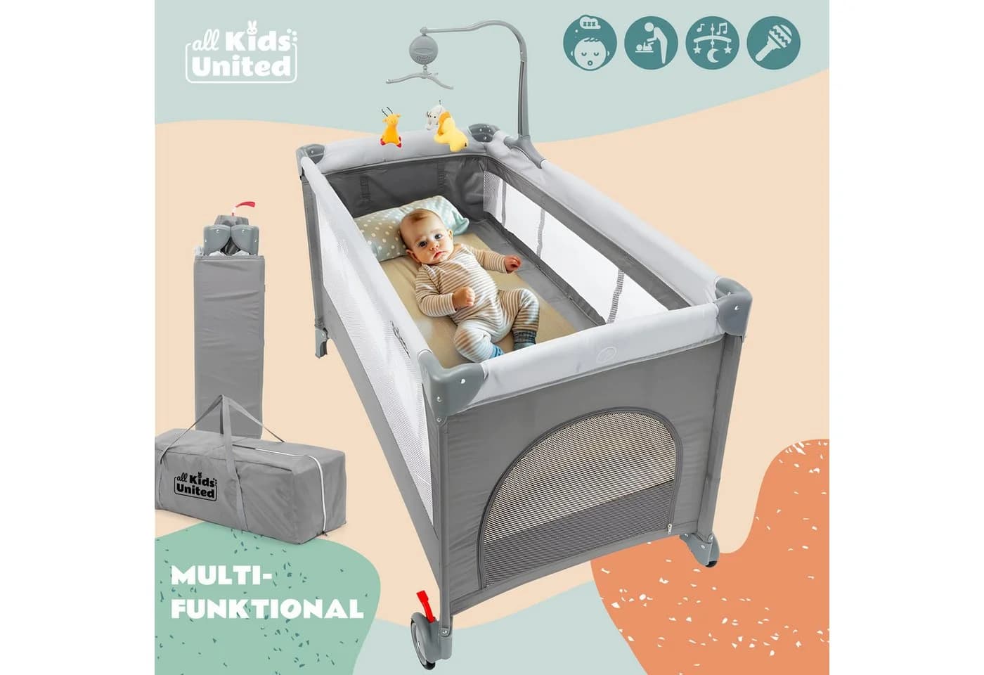 all Kids United Baby-Reisebett Tragbar mit Matratze & Wickelauflage Grau