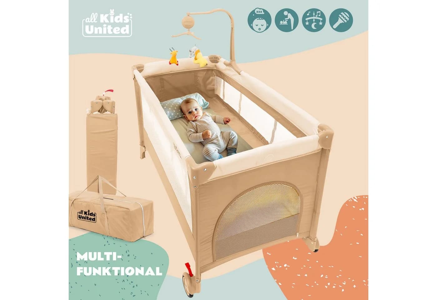 All Kids United Baby-Reisebett Tragbar mit Matratze und Musik-Mobile Beige