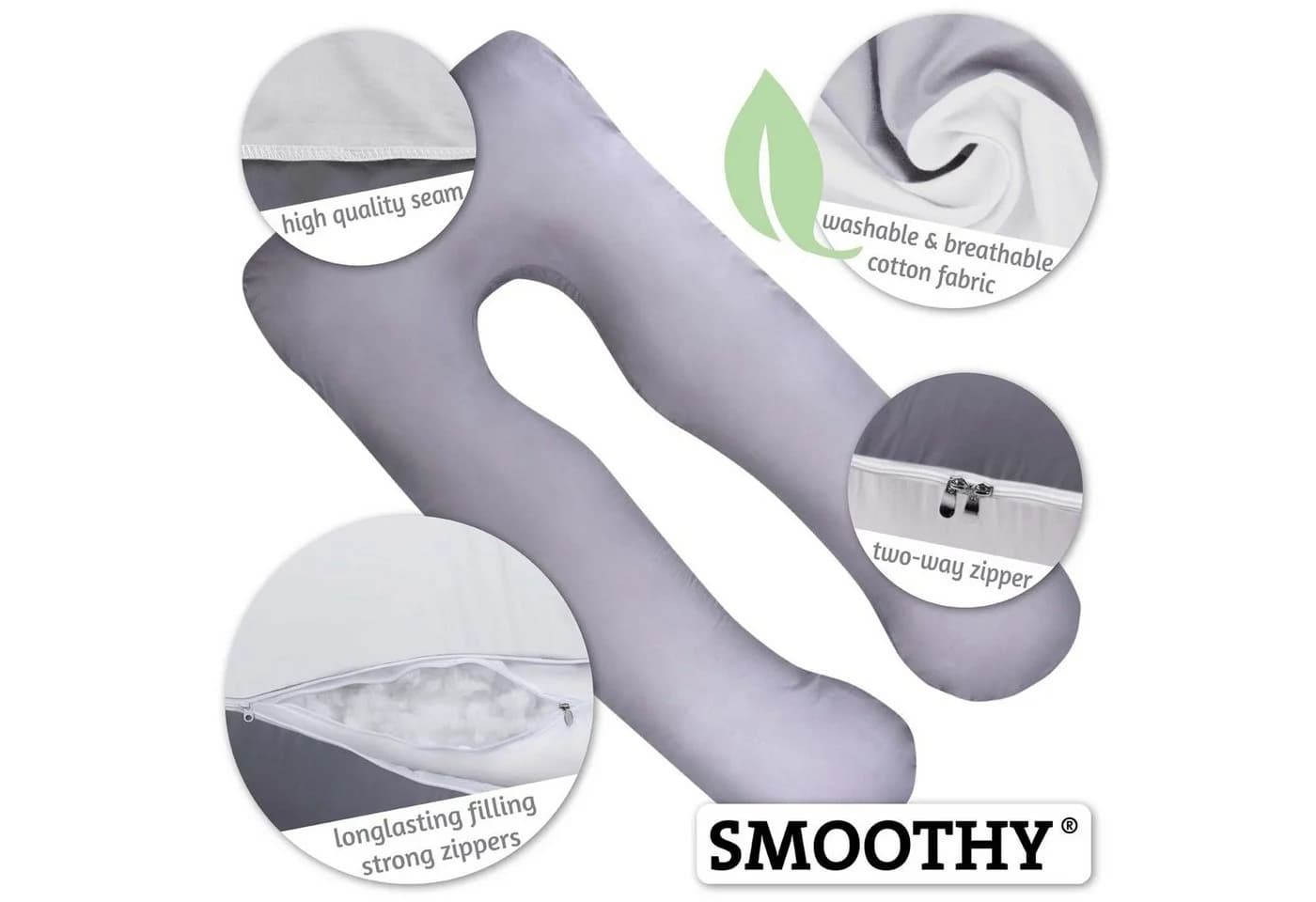 Smoothy Stillkissen U-Form Grau - Vollkörper Schwangerschaftskissen