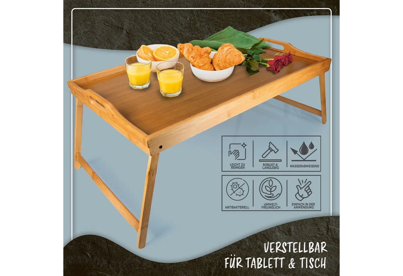 DIMONO Bambus Bett Tablett – Klappbares Frühstücks- & Serviertablett mit Beinen