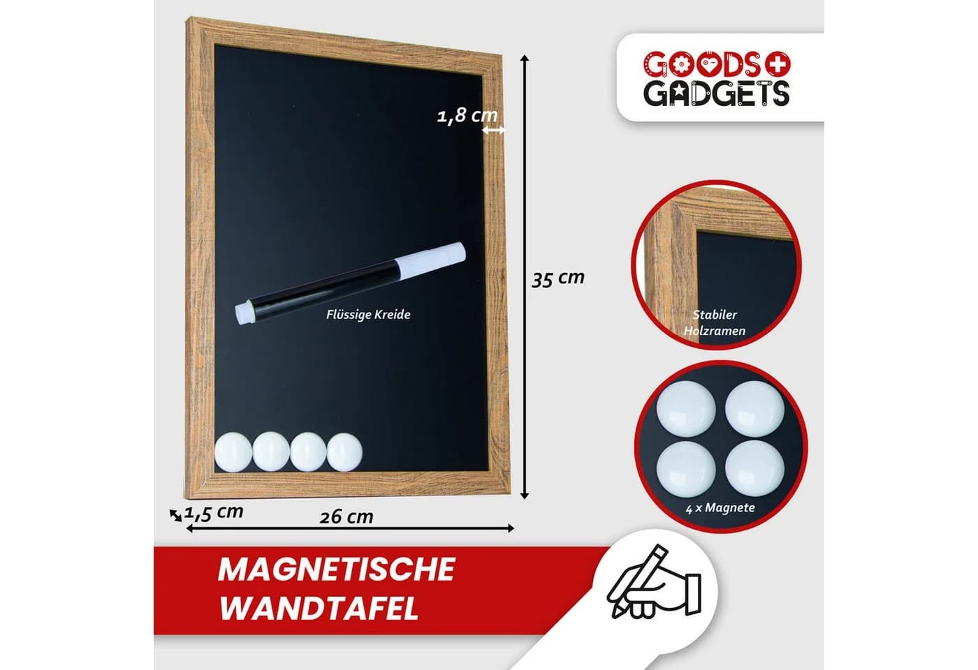 Goods+Gadgets Magnettafel Holz mit Rahmen & Kreide