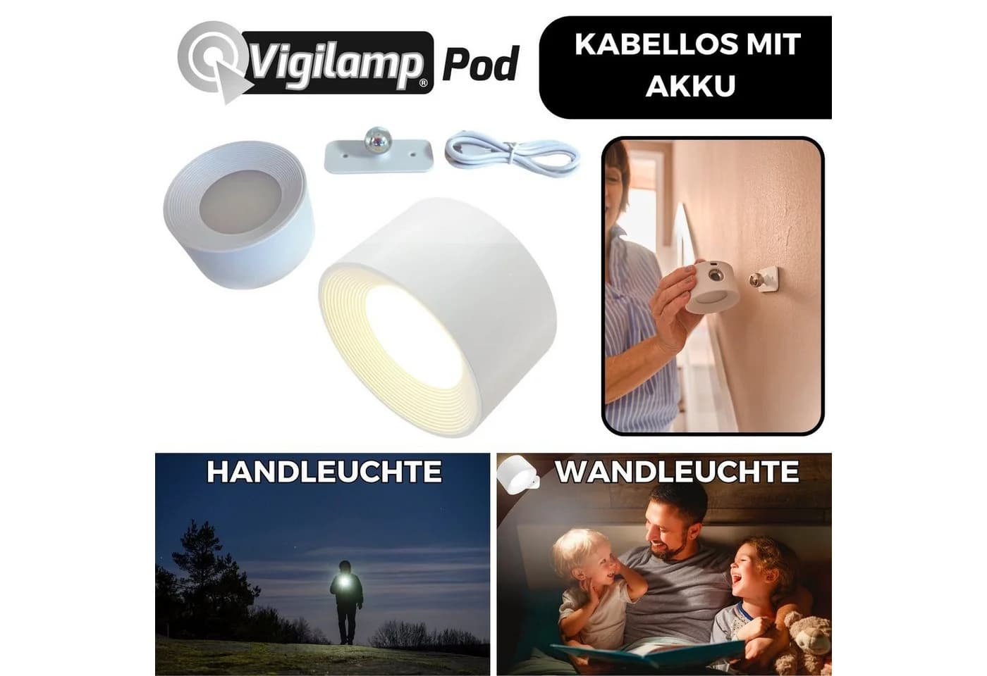 Best Direct Vigilamp Pod LED Wandleuchte Weiß Wiederaufladbar Dimmbar
