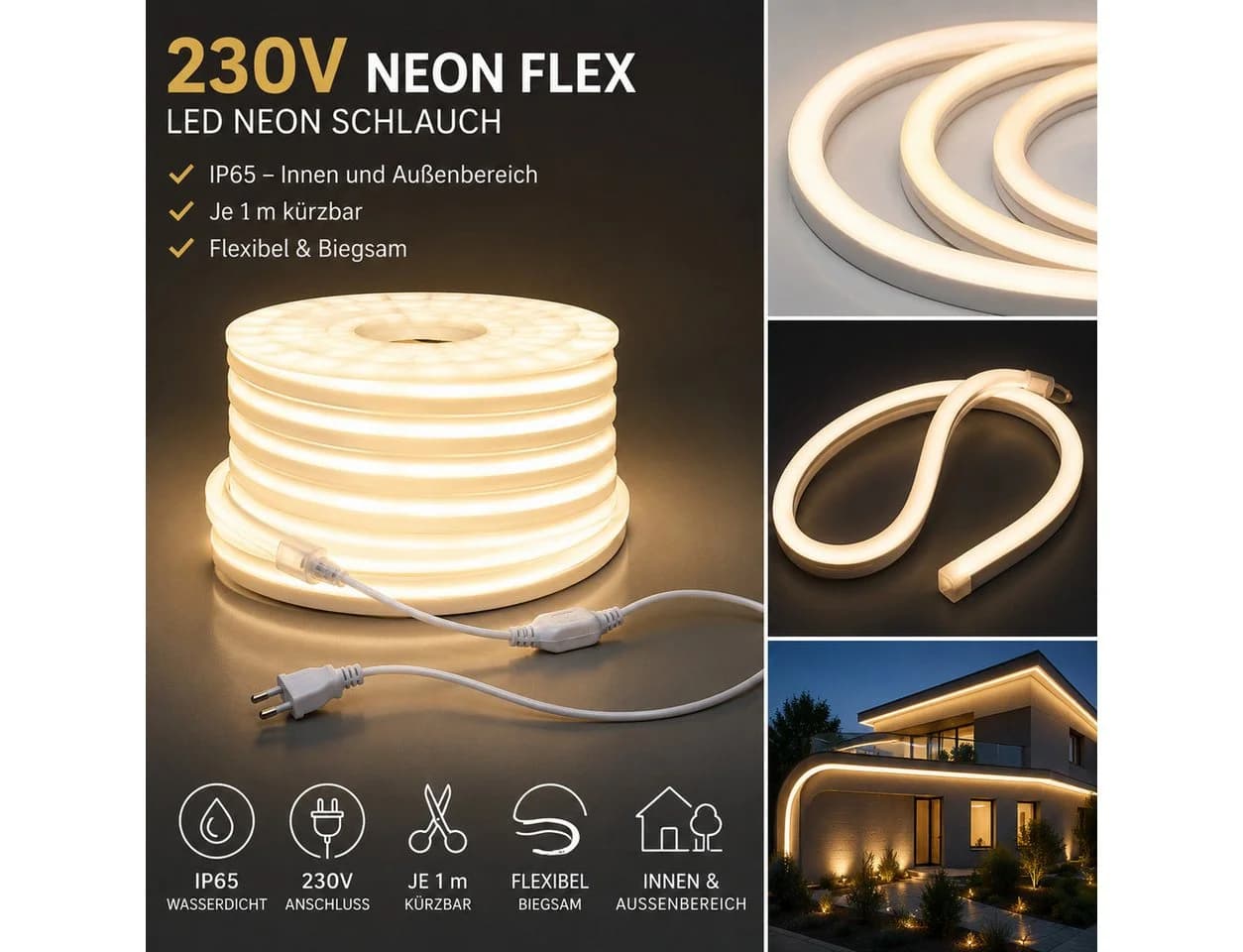 GTV LED Neon Flex 230V IP65 Warmweiß 3000K