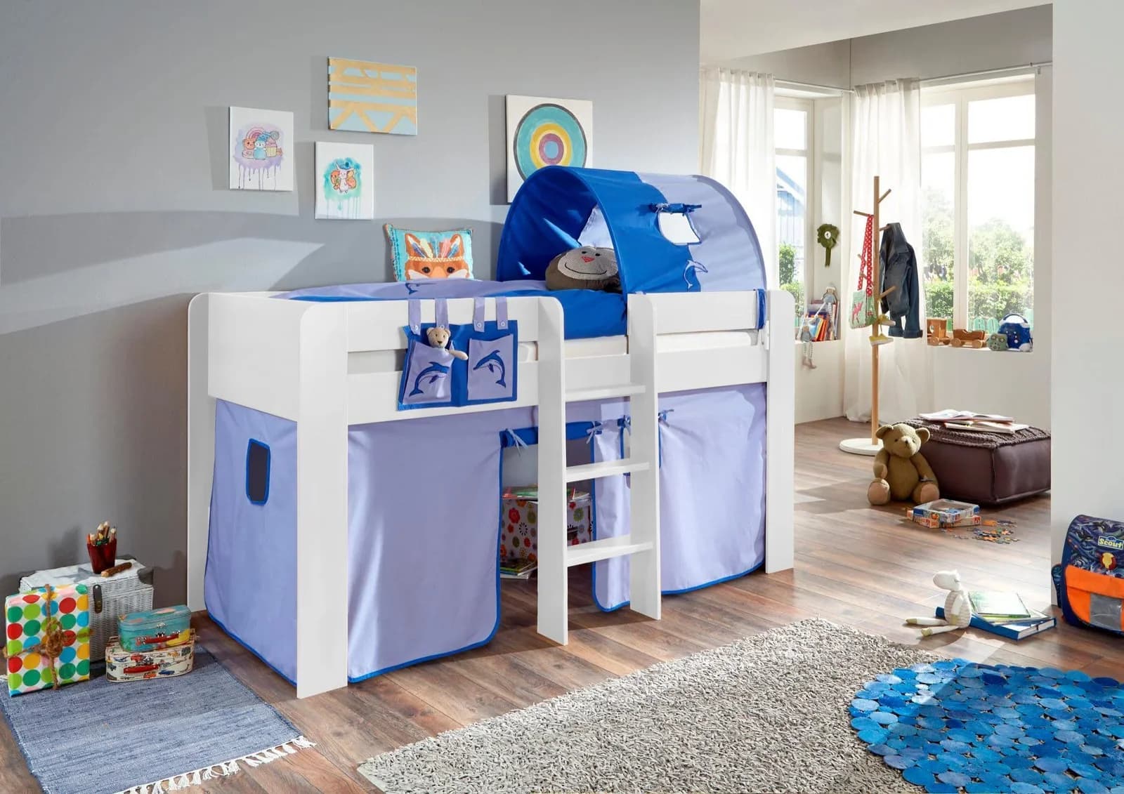 Hochbett RELITA "Andi" Blau mit Rolllattenrost und Textil-Set