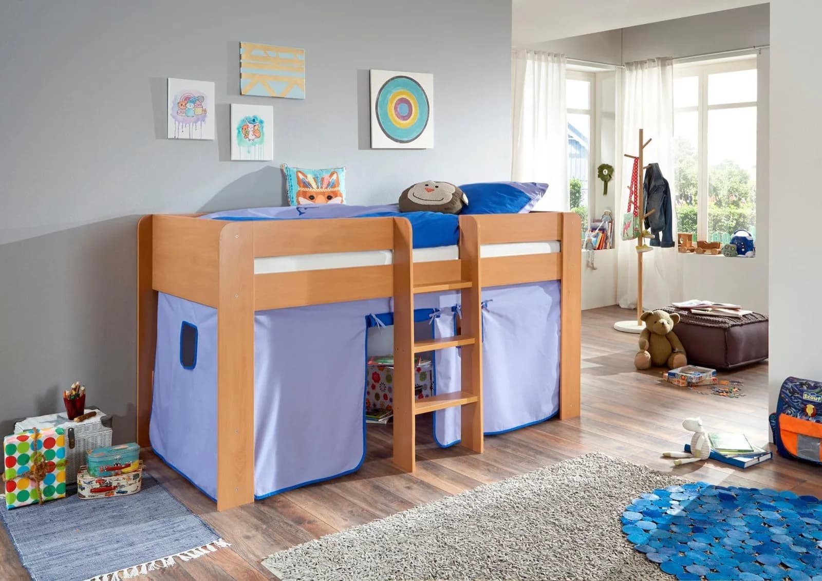 Hochbett RELITA "Andi" Blau Buche Dekor Natur