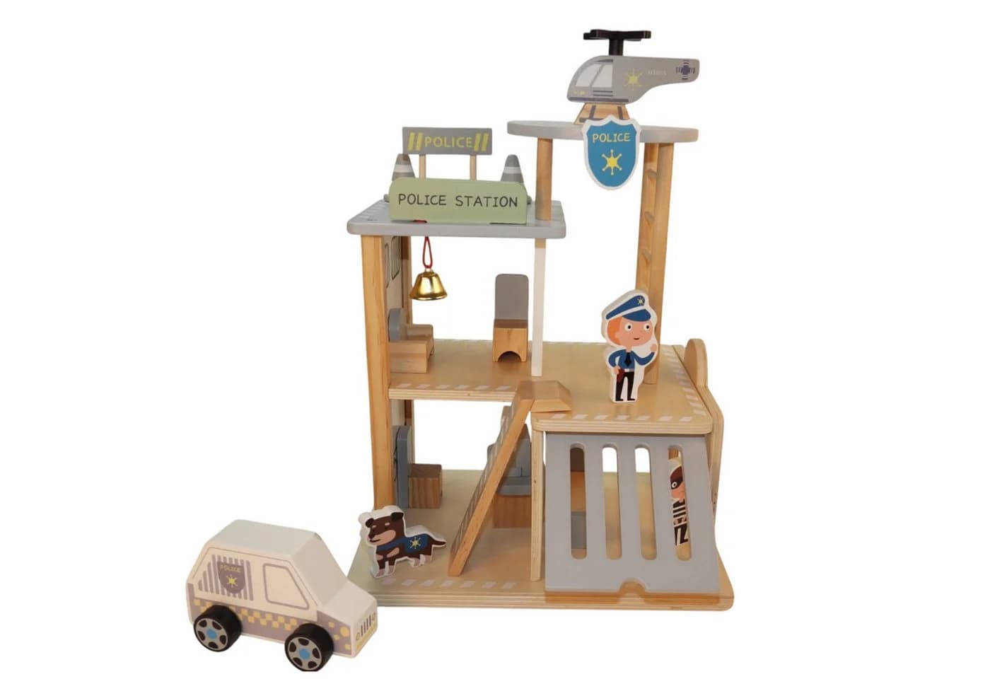 TikTakToo Spiel-Polizeistation Holz-Polizeistation-Spielset 3-stufig, mit Figuren Auto & Hubschrauber