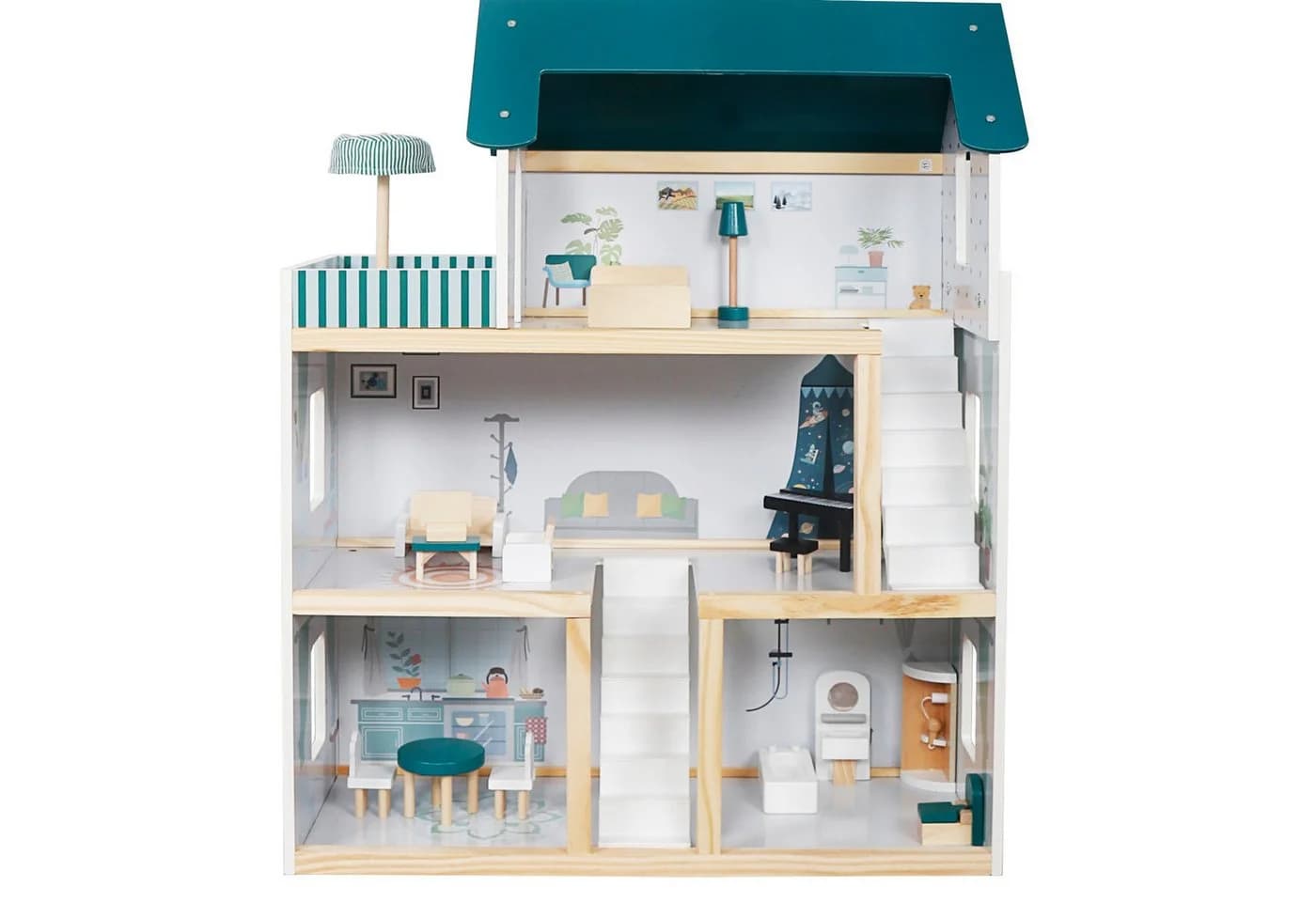 TikTakToo Puppenhaus XXL Puppenvilla Set aus Holz mit Zubehör für Kinder, 17-tlg, 5 Zimmer