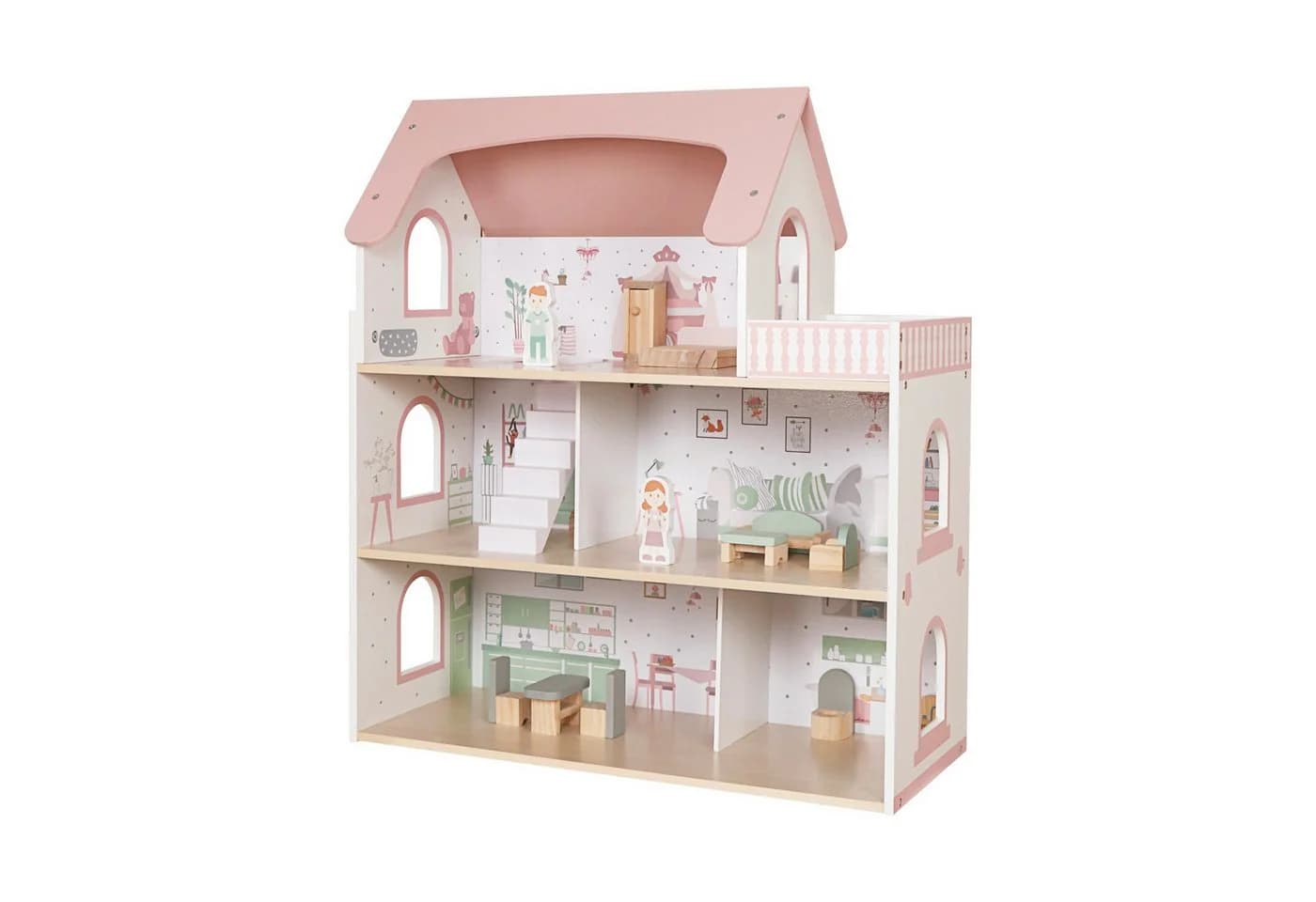 TikTakToo Puppenhaus Holzpuppenhaus Rosa mit 14-teiligem Zubehörset