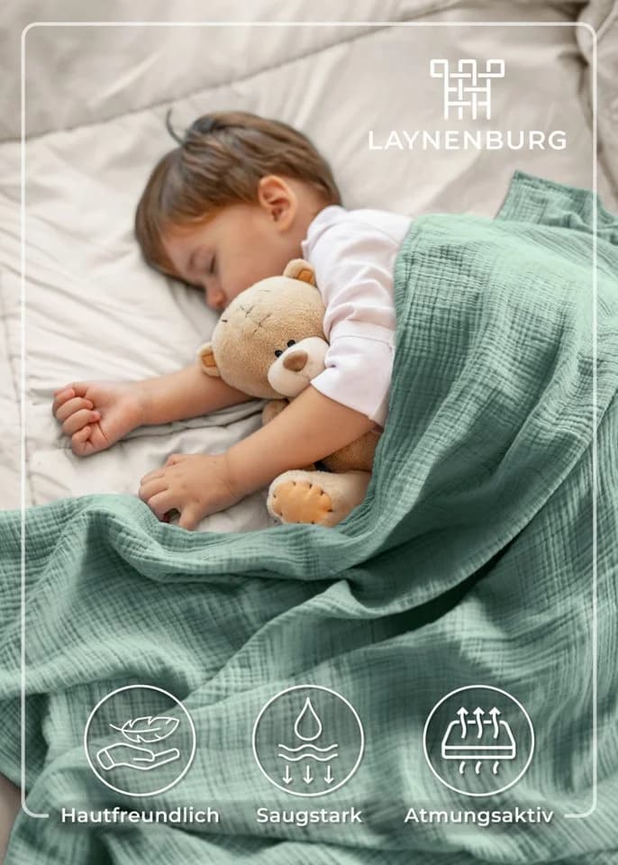 LAYNENBURG Musselin Babydecke 4-lagig 120x120cm Baumwolle