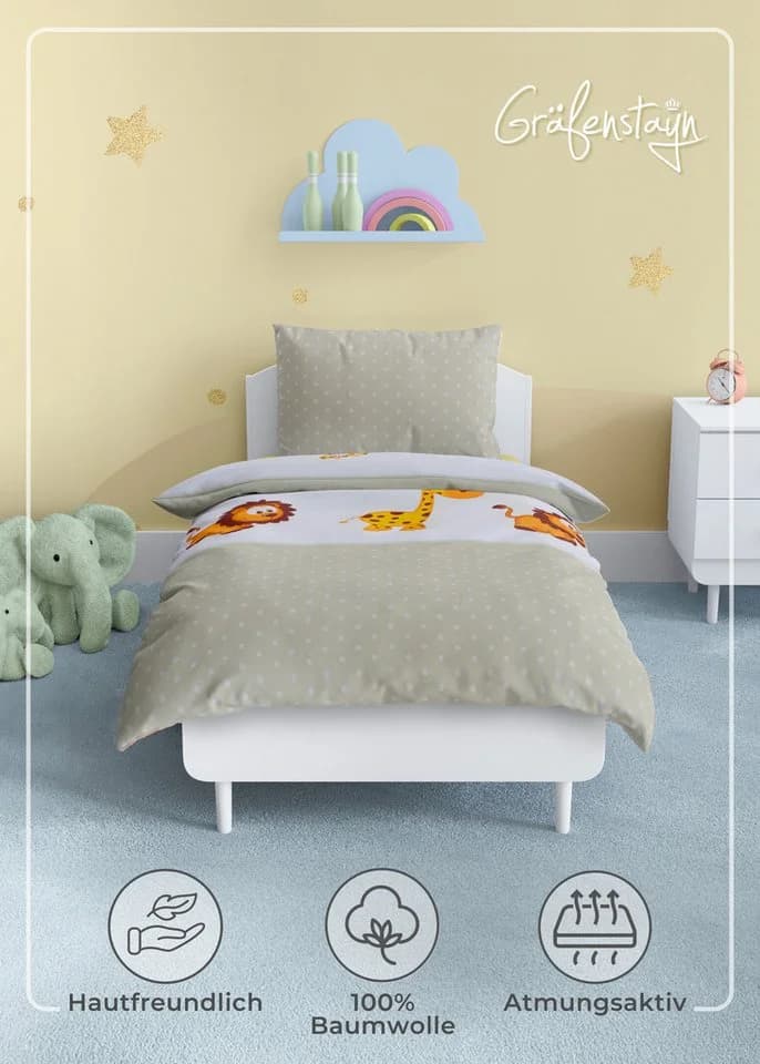 Gräfenstayn Kinderbettwäsche Set 2-tlg. 100% Baumwolle mit Tiermotiv
