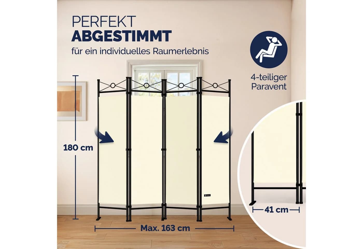 Casaria Paravent Lucca 4-teilig Verstellbar Faltbar Stabil