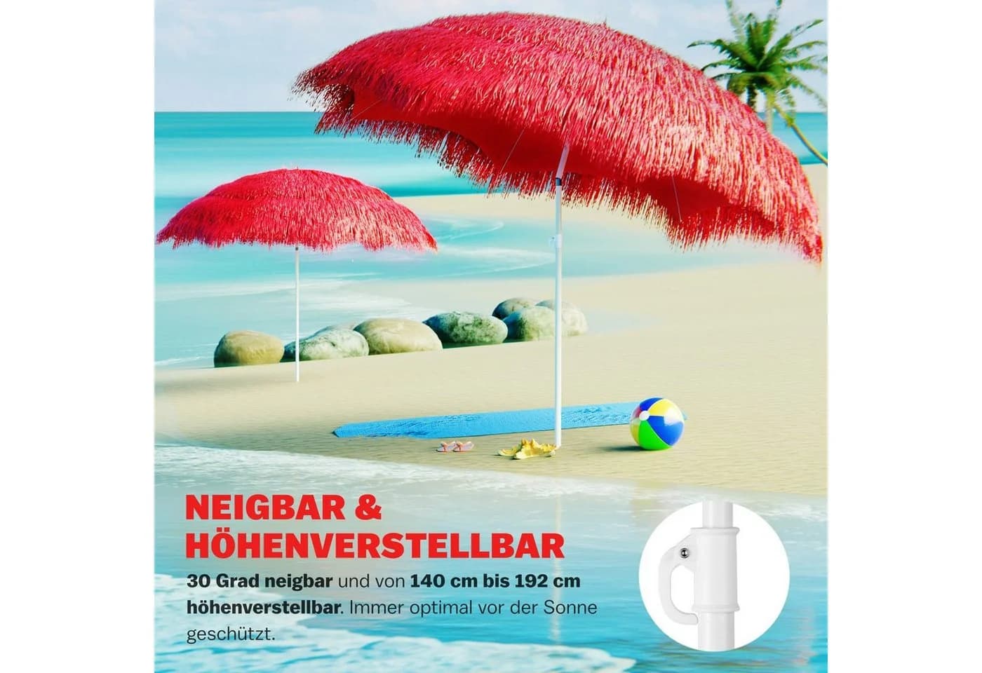 Kingsleeve Sonnenschirm Hawaii Rot Neigbar Höhenverstellbar