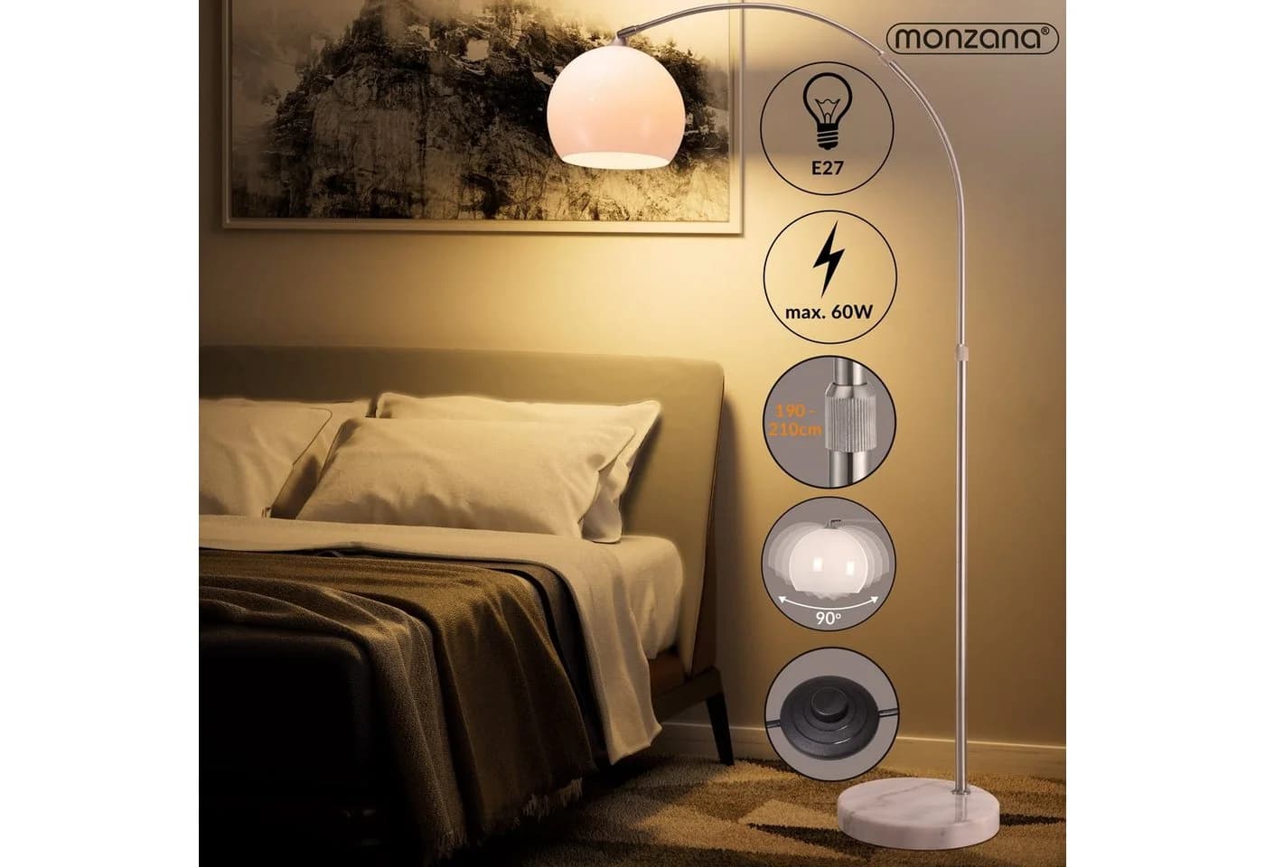 monzana Bogenlampe Retro Design Marmorfuß Höhenverstellbar