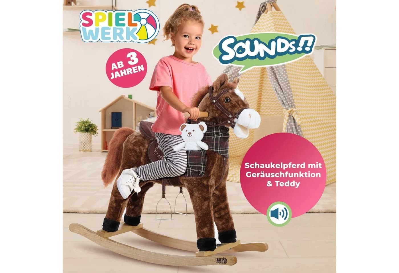 Deuba Schaukeltier Pferd mit Sattel und Steigbügeln, Schaukelpferd für Kinder