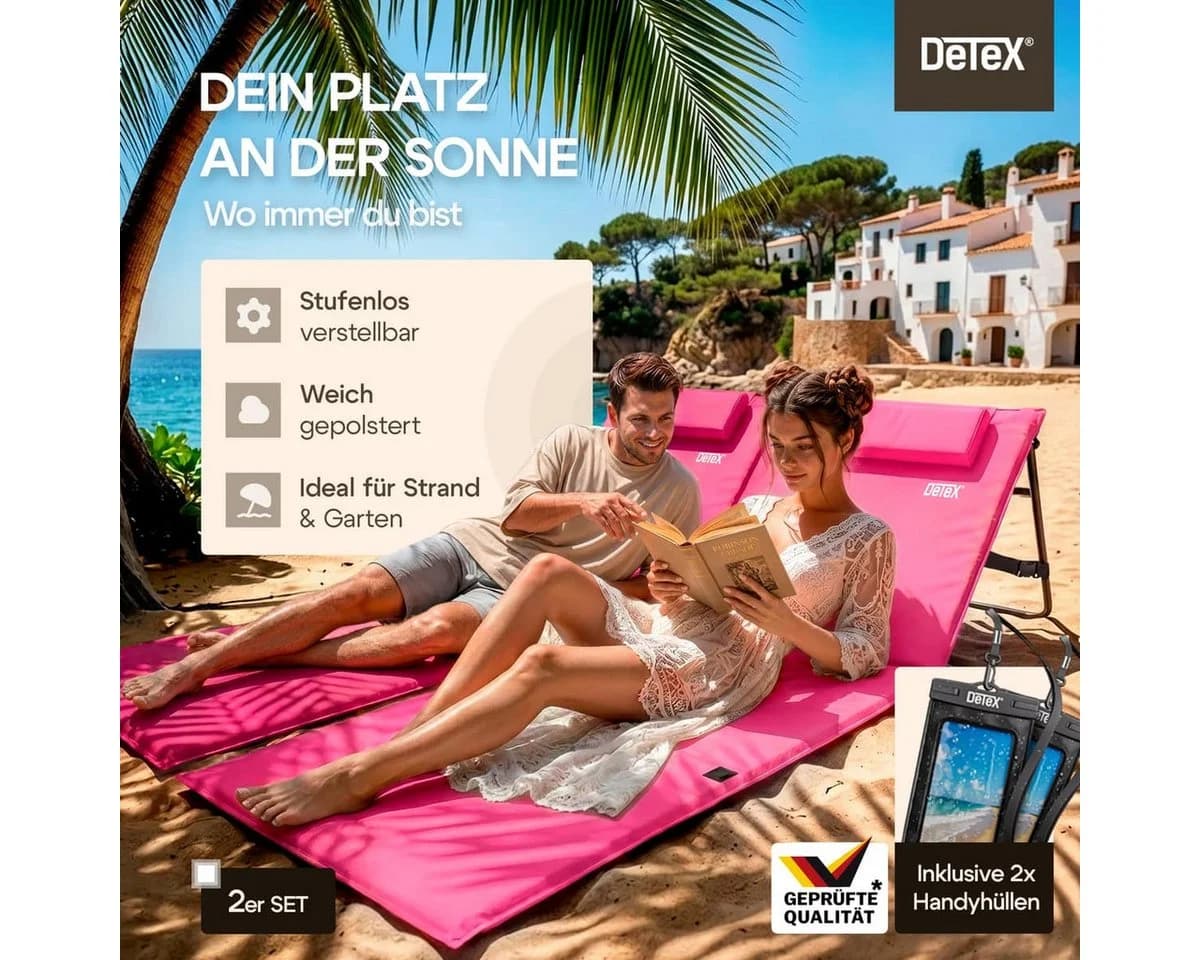 Detex Gartenliege Strandmatte Gepolstert Rosa mit Rückenlehne