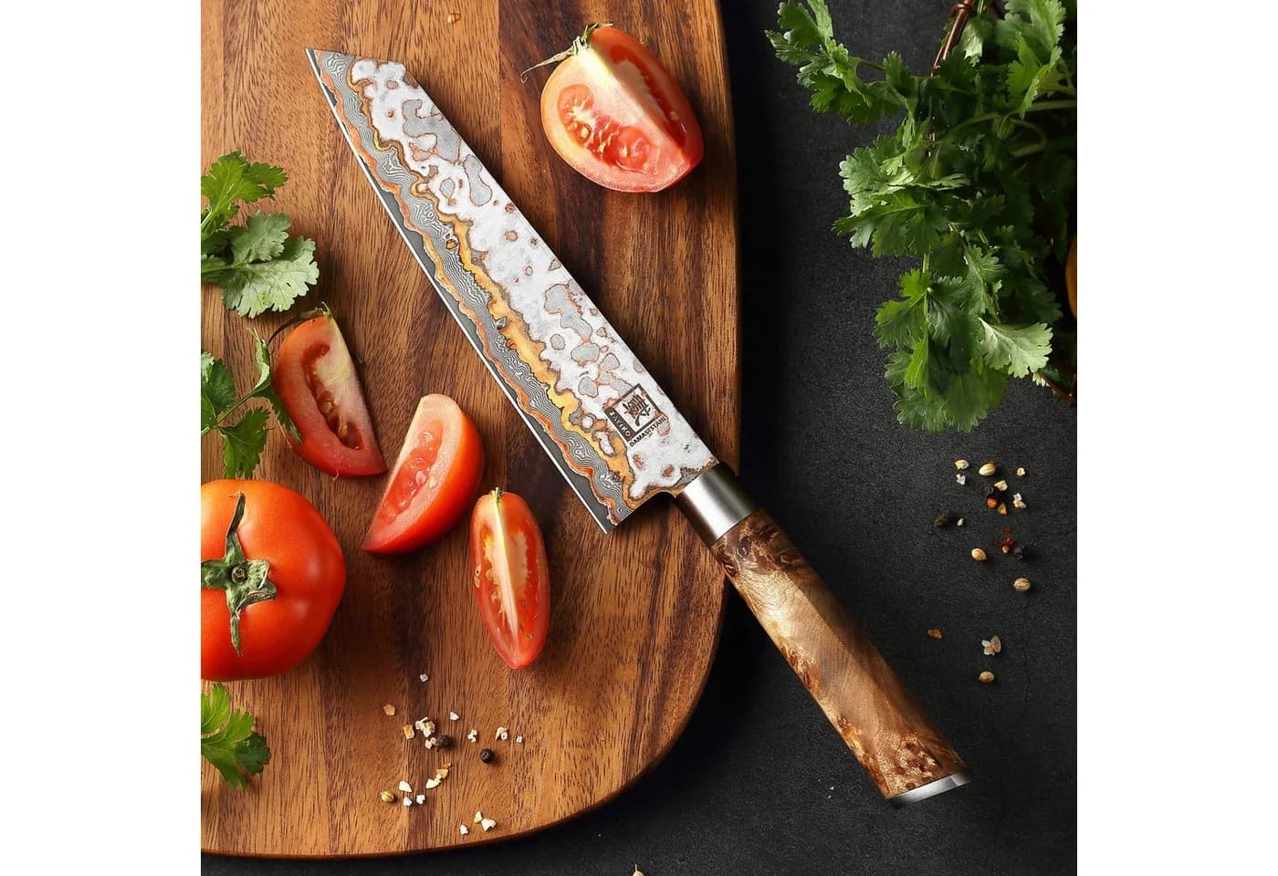 ZAYIKO Kiritsuke Küchenmesser 20,5cm Damaststahl Kupfer-Bronze