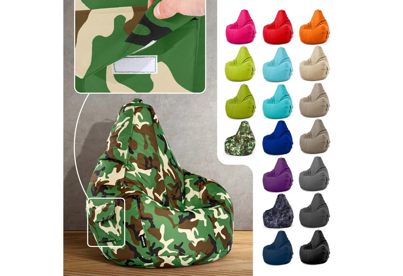 Green Bean Gaming Sitzsack mit Rückenlehne Camouflage Grün
