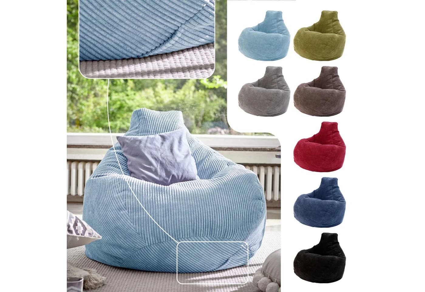 Green Bean Sitzsack Cozy Cord mit Rückenlehne Hellblau