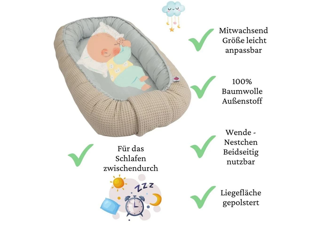 Babymajawelt Kuschelnest Babynest Waffelstoff Beige/Grau mitwachsend