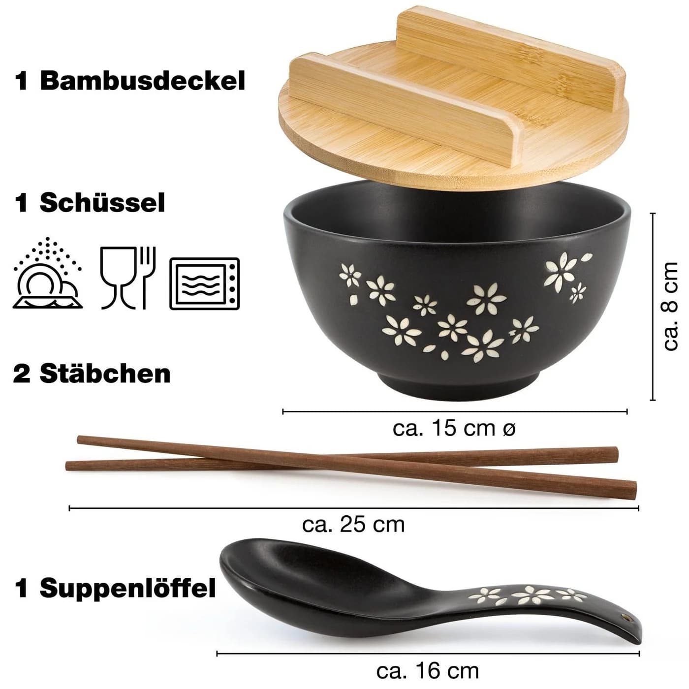 Moritz & Moritz Ramen Set mit Blumen Keramik Bambus Mattschwarz