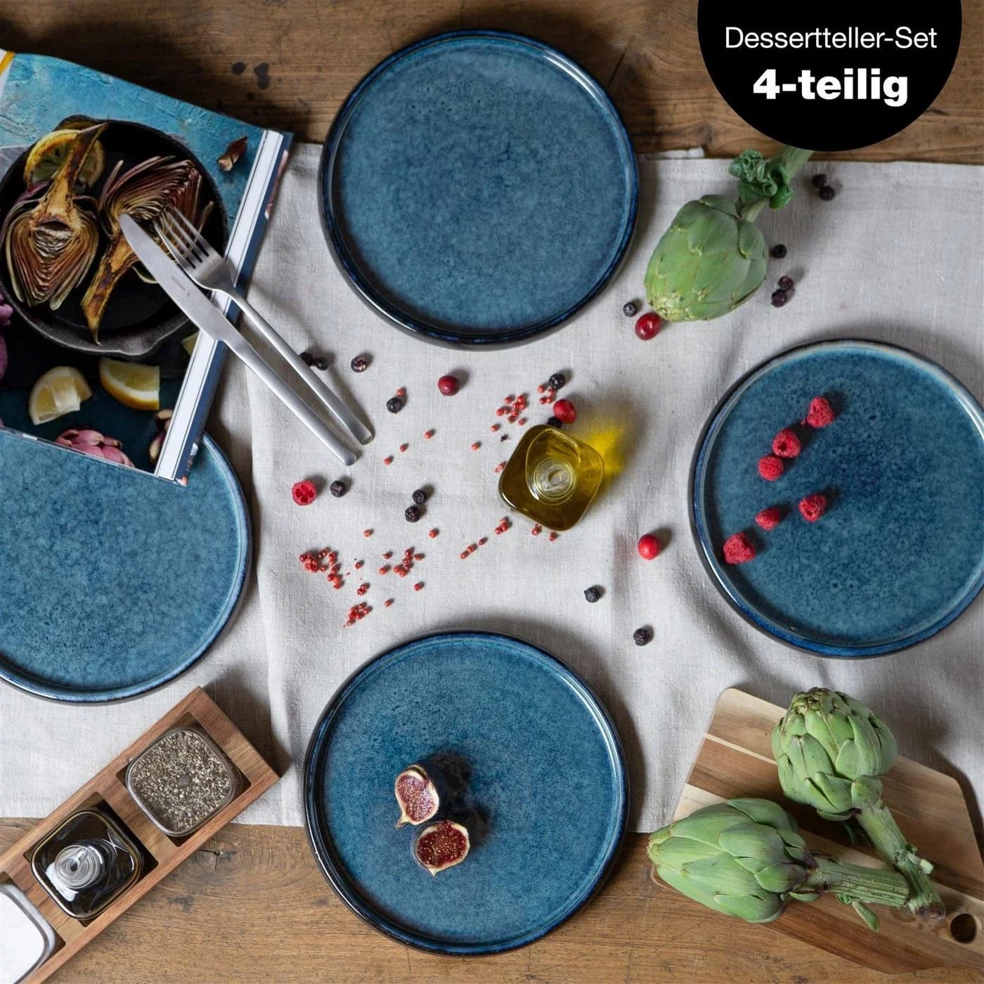 Moritz & Moritz Dessertteller Set 4-tlg. Blau/Mattschwarz Steinzeug