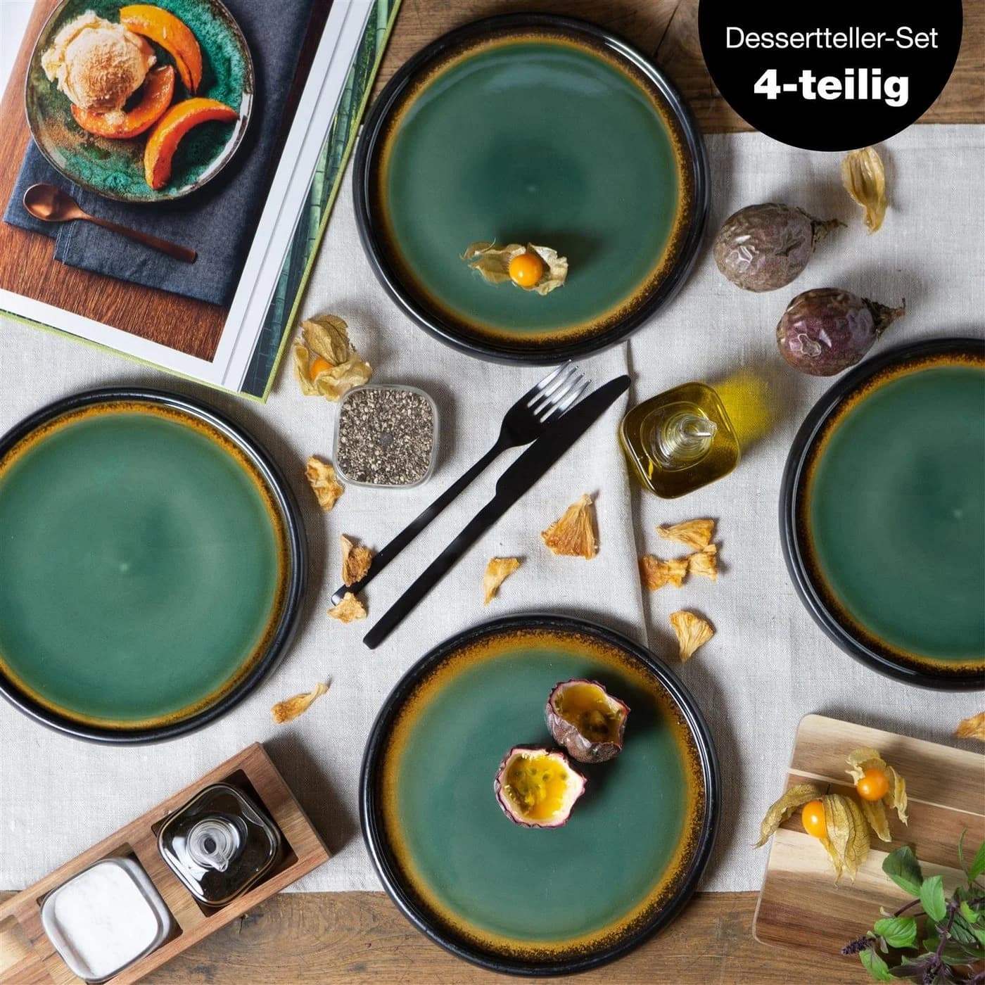 Moritz & Moritz Dessertteller Set 4-tlg. Grün/Mattschwarz Steinzeug